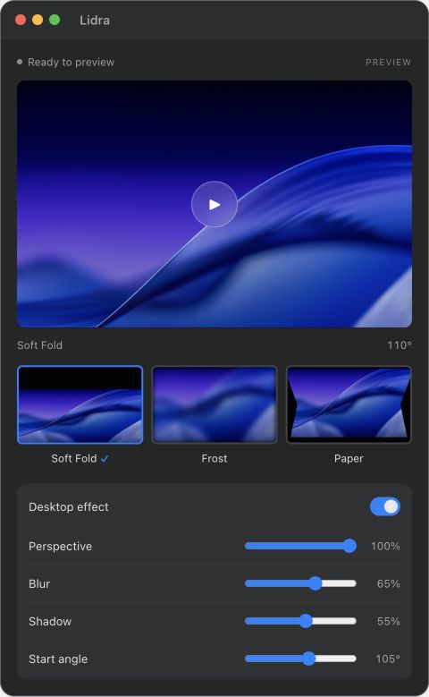 Lidra app showing Soft Fold, Frost and Paper styles, with desktop effect settings.